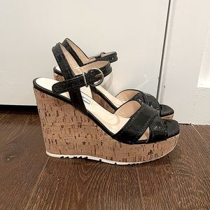 • PRADA PATENT LEATHER CORK WEDGE SANDALS • GREAT CONDITION!!